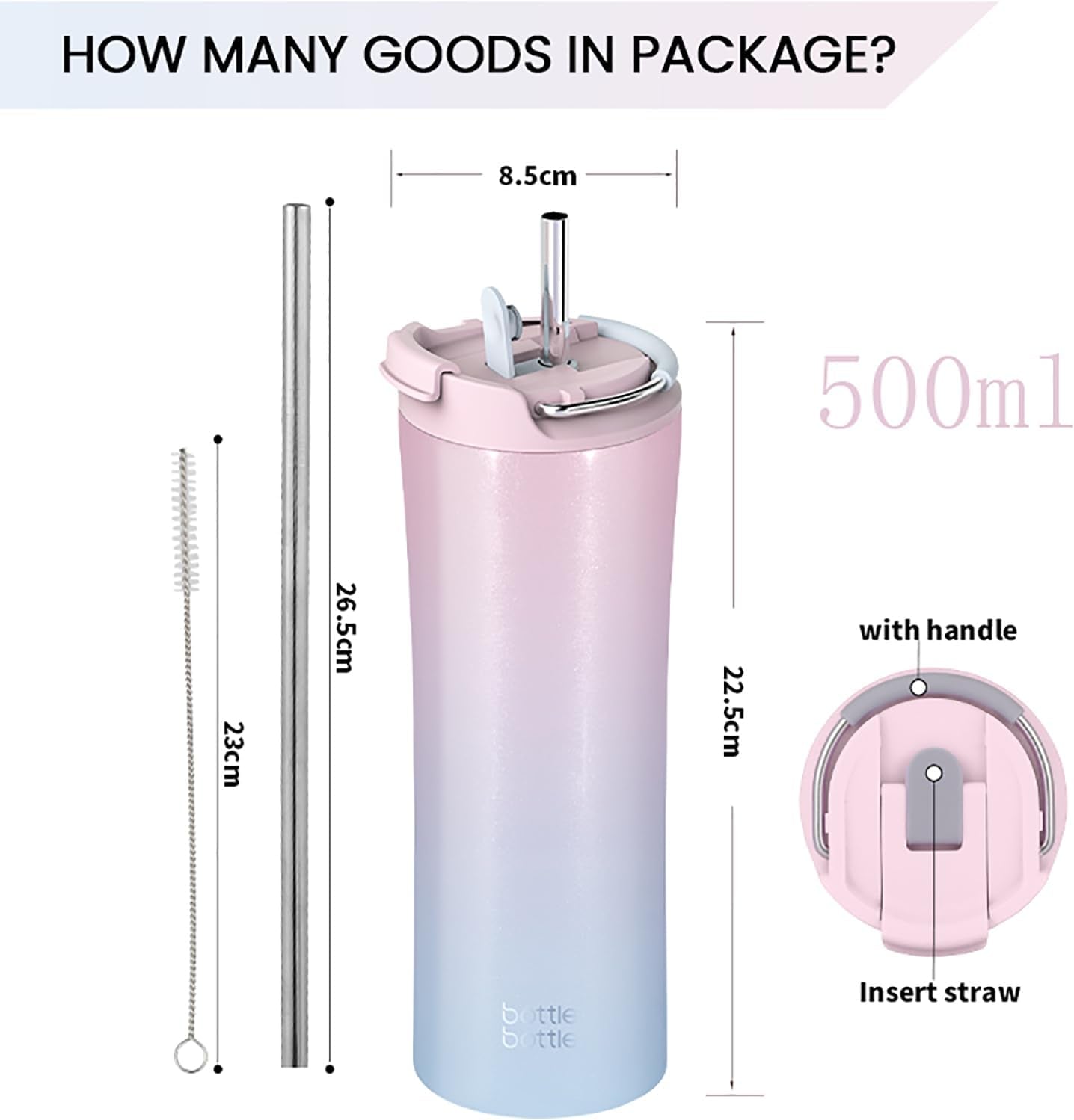 Insulated Coffee Tumblers with Dual-Use Lid and Straw Double Walled Iced Travel Coffee Mug for Woman and Man 18 Oz Stainless Steel Tumbler with Handle(Pink Blue